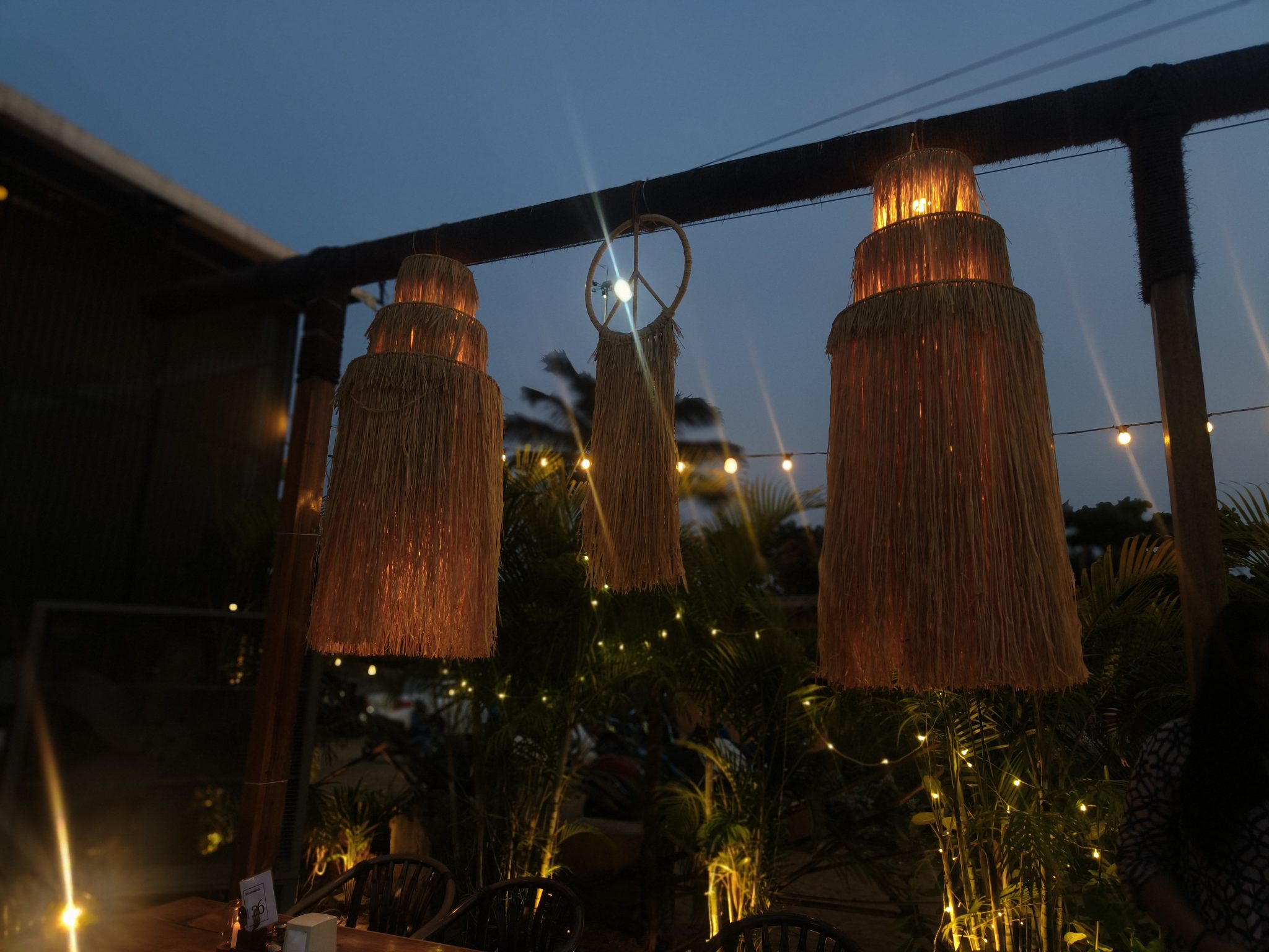 Luzes quentes penduradas em um jardim ao entardecer, criando um ambiente convidativo
